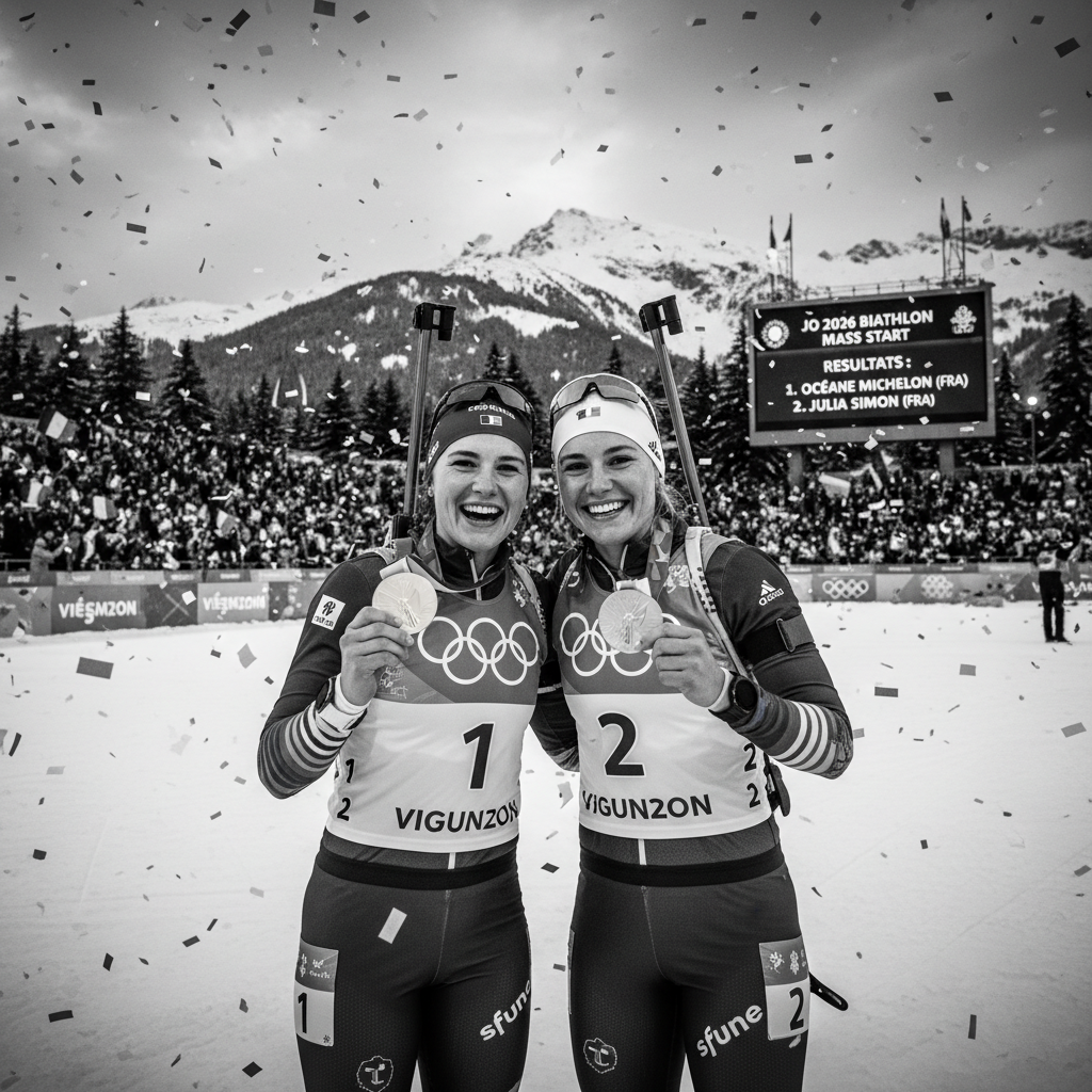 Doublé français en biathlon aux JO 2026 sur la mass start : Océane Michelon en or, Julia Simon en argent